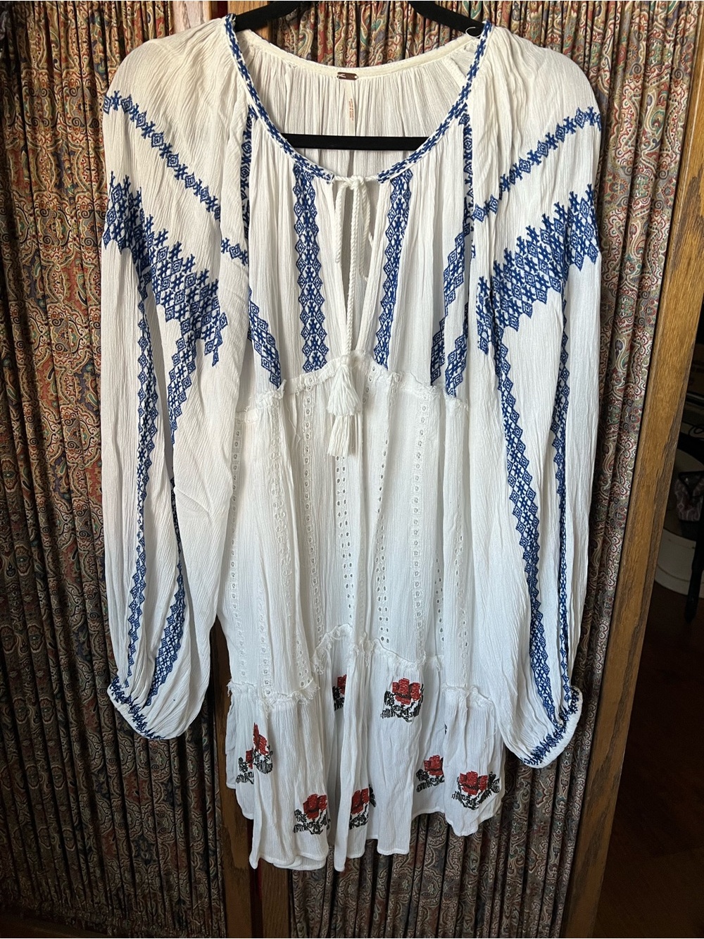 Free People White Boho Tunic with Blue Embroidery and Red Floral Accents